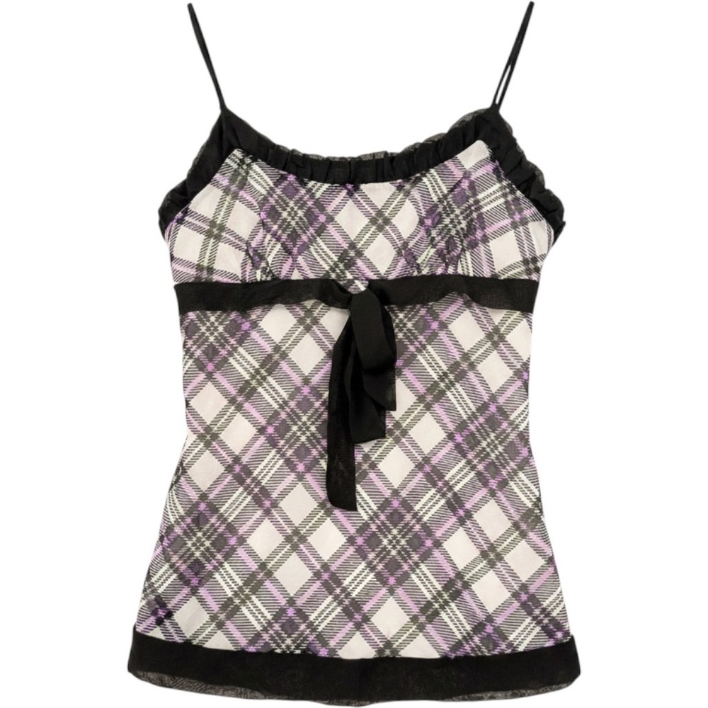 Tempted Hearts Plaid Camisole Womens Small Purple Y2K Babydoll Bow Mesh Top